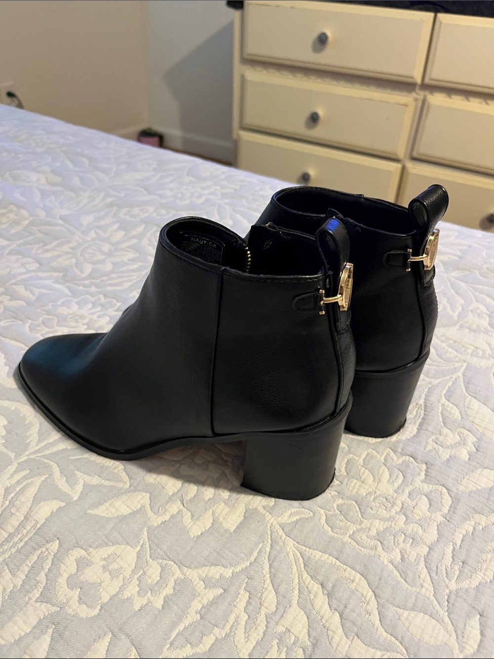 Nautica Black Ankle Booties with Gold Buckle Detail